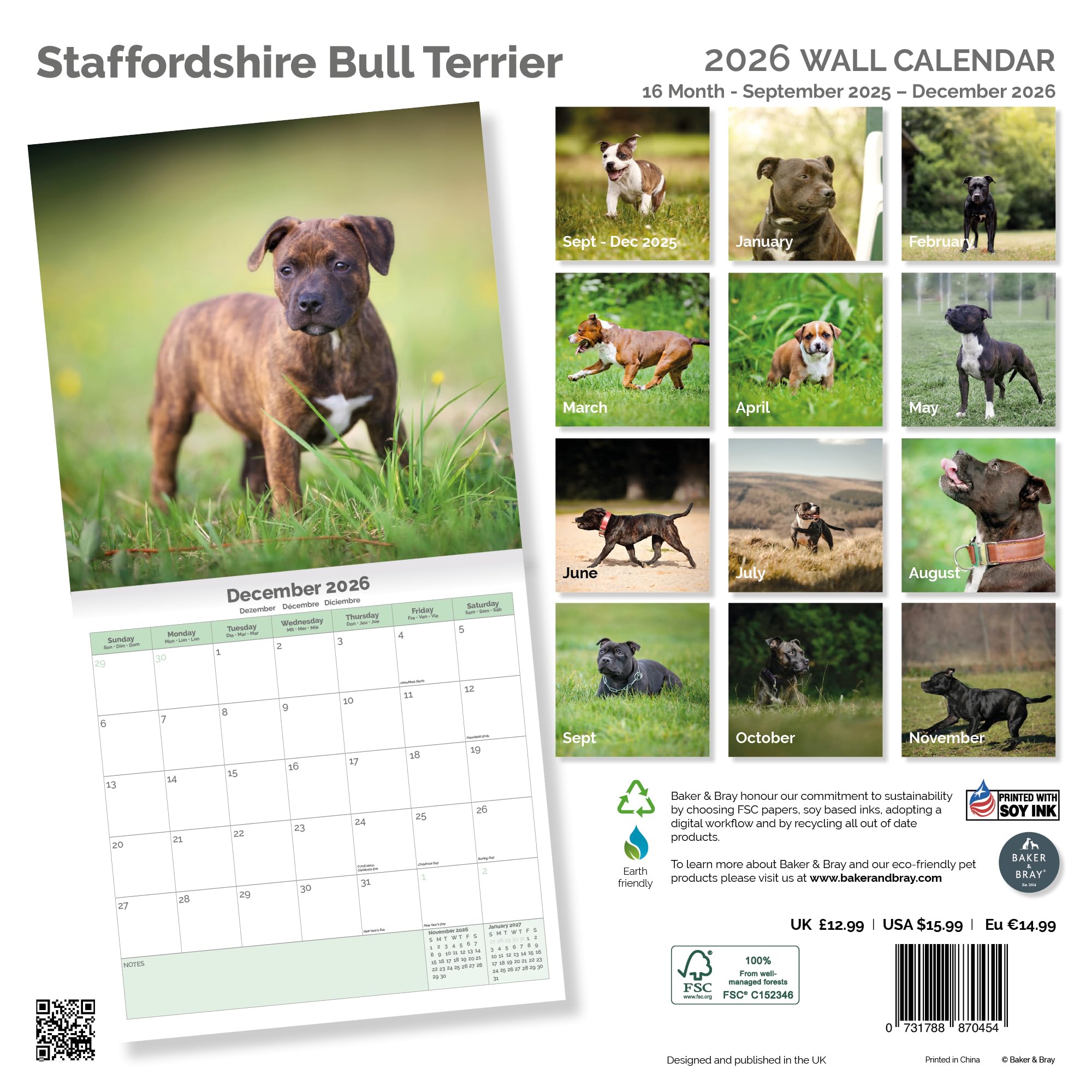Staffordshire Bull Terrier Calendar 2026