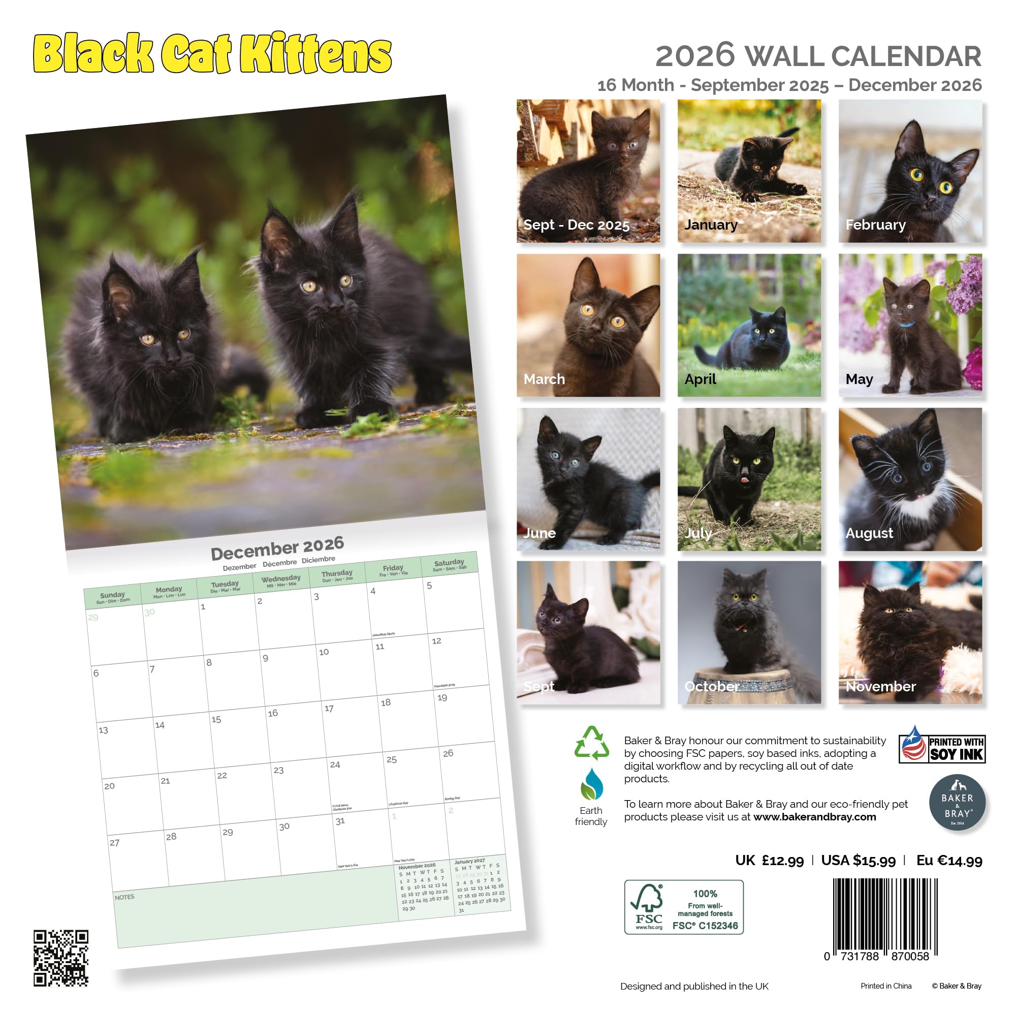 Black Cat Kittens Calendar 2026