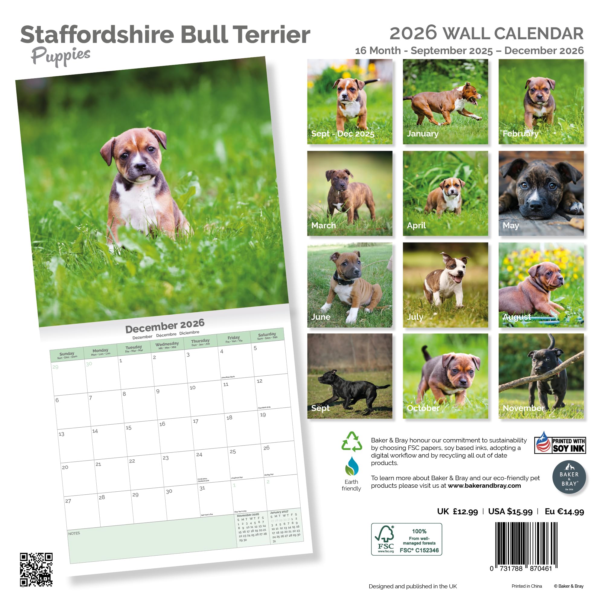 Staffordshire Bull Terrier Puppies Calendar 2026