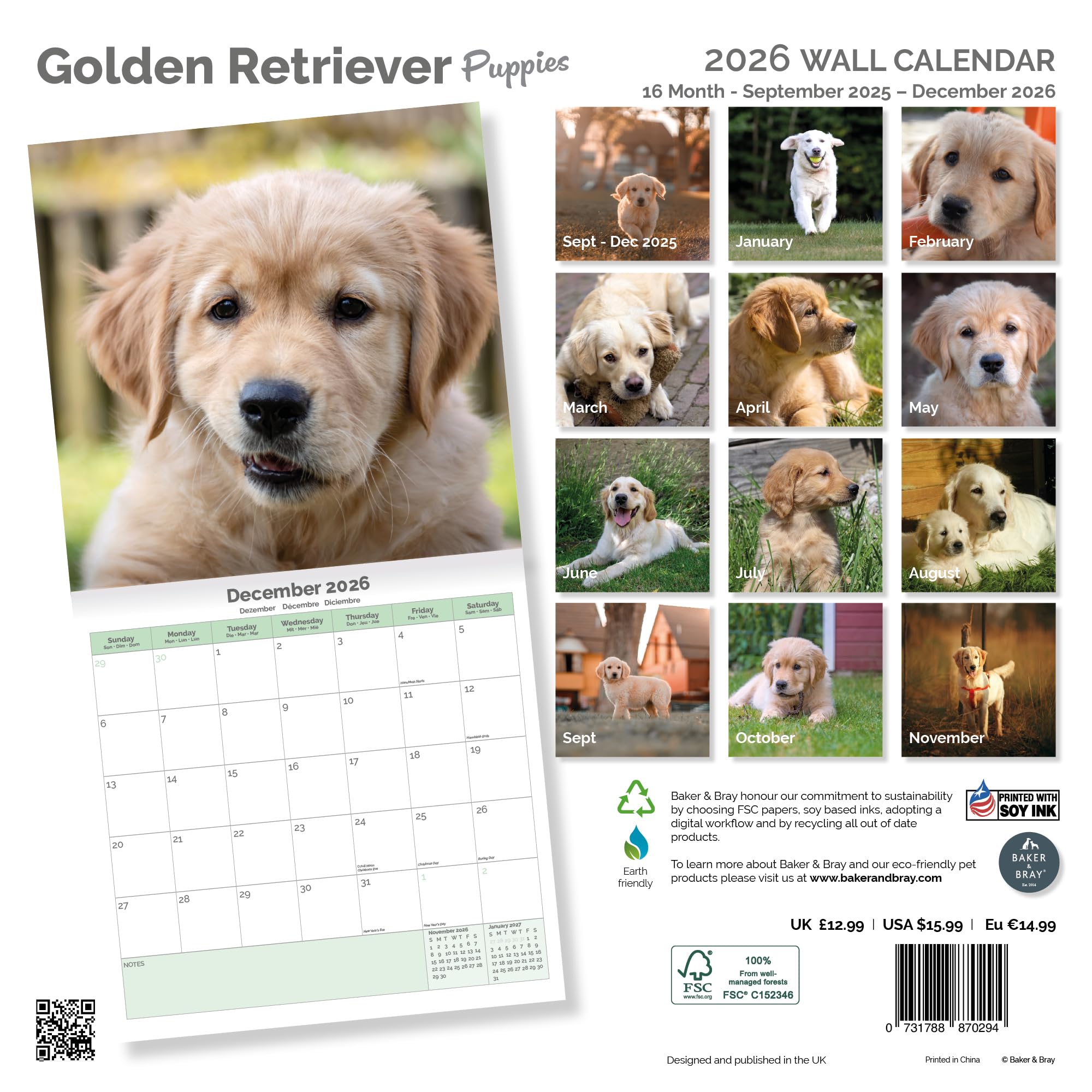 Golden Retriever Puppies Calendar 2026