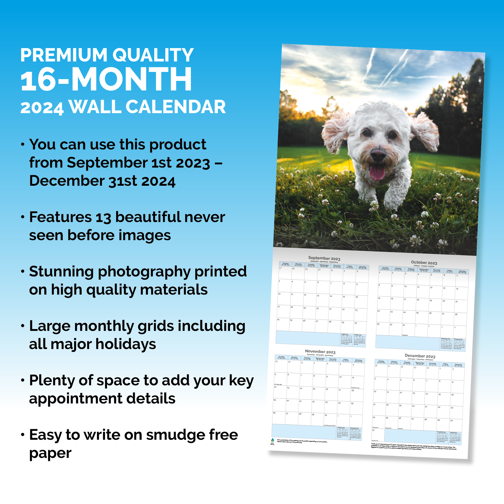 2023 2024 Bichon Frise Calendar - Dog Breed Monthly Wall Calendar - 12 x 24  Open - Thick No-Bleed Paper - Giftable - Academic Teacher's Planner