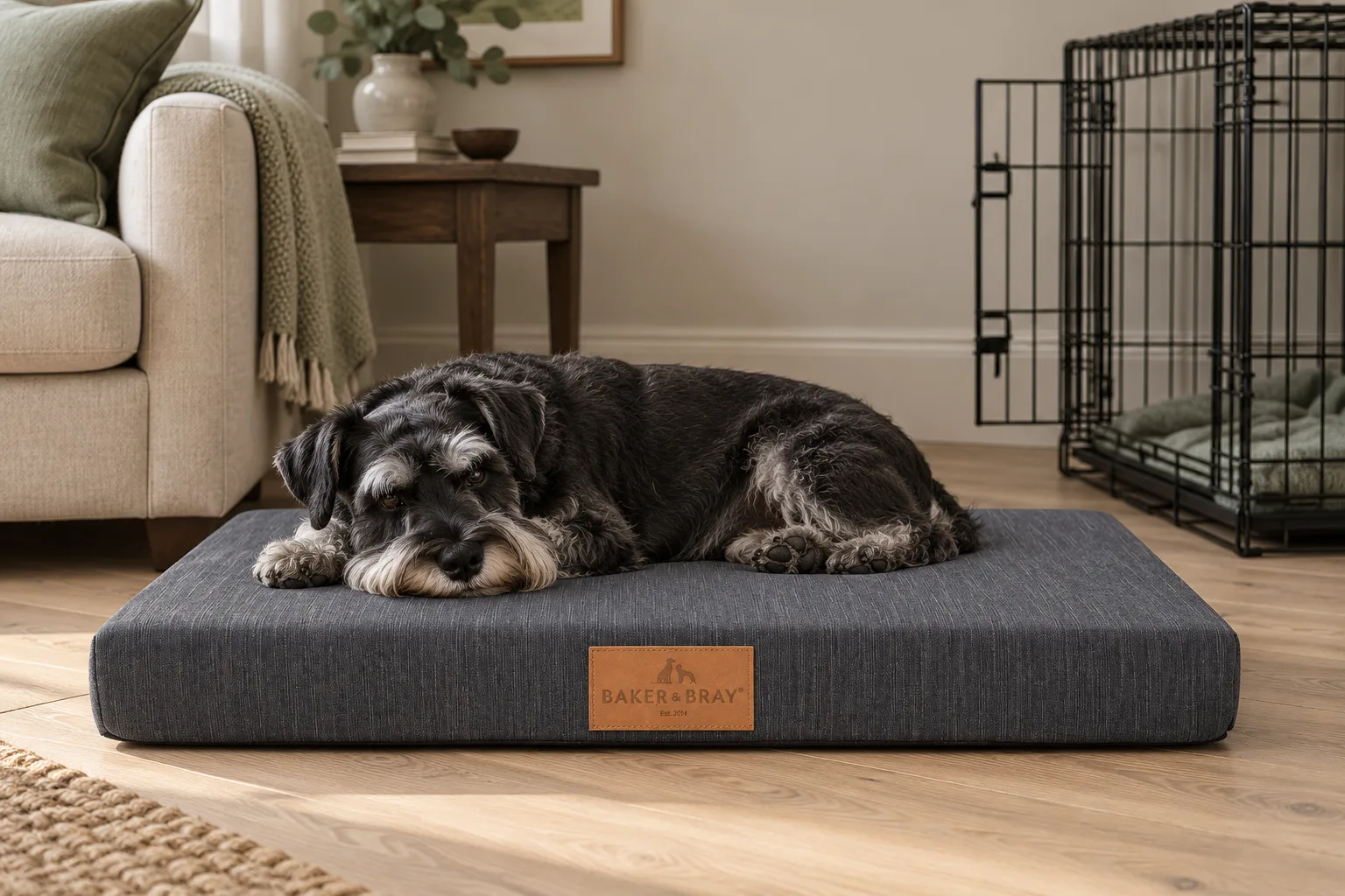 A dog settled on The Luxury Crate Bed in Slate Grey, beside an open crate at home