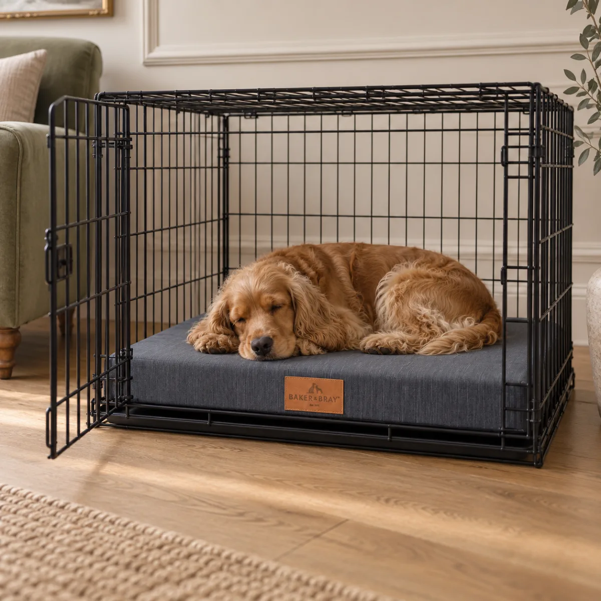 The Luxury Crate Bed in Slate Grey, with a dog settled on it at home
