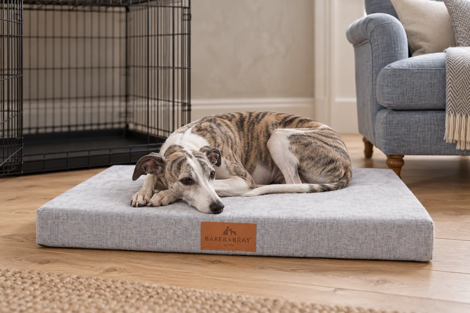 The Luxury Crate Bed in Stone Grey inside a crate