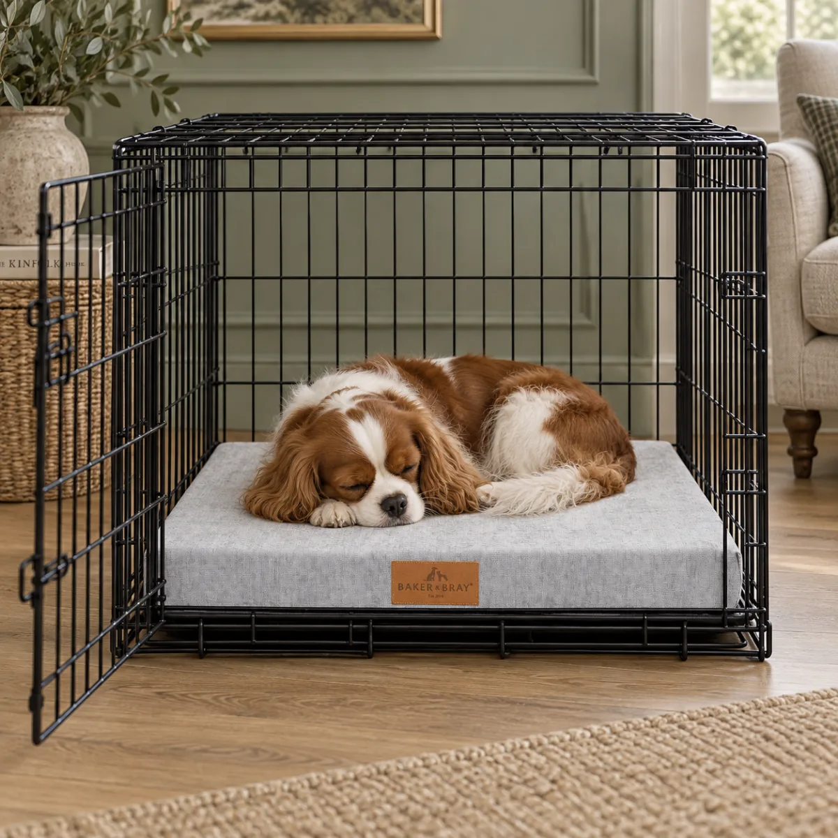 The Luxury Crate Bed in Stone Grey, with a dog settled on it at home